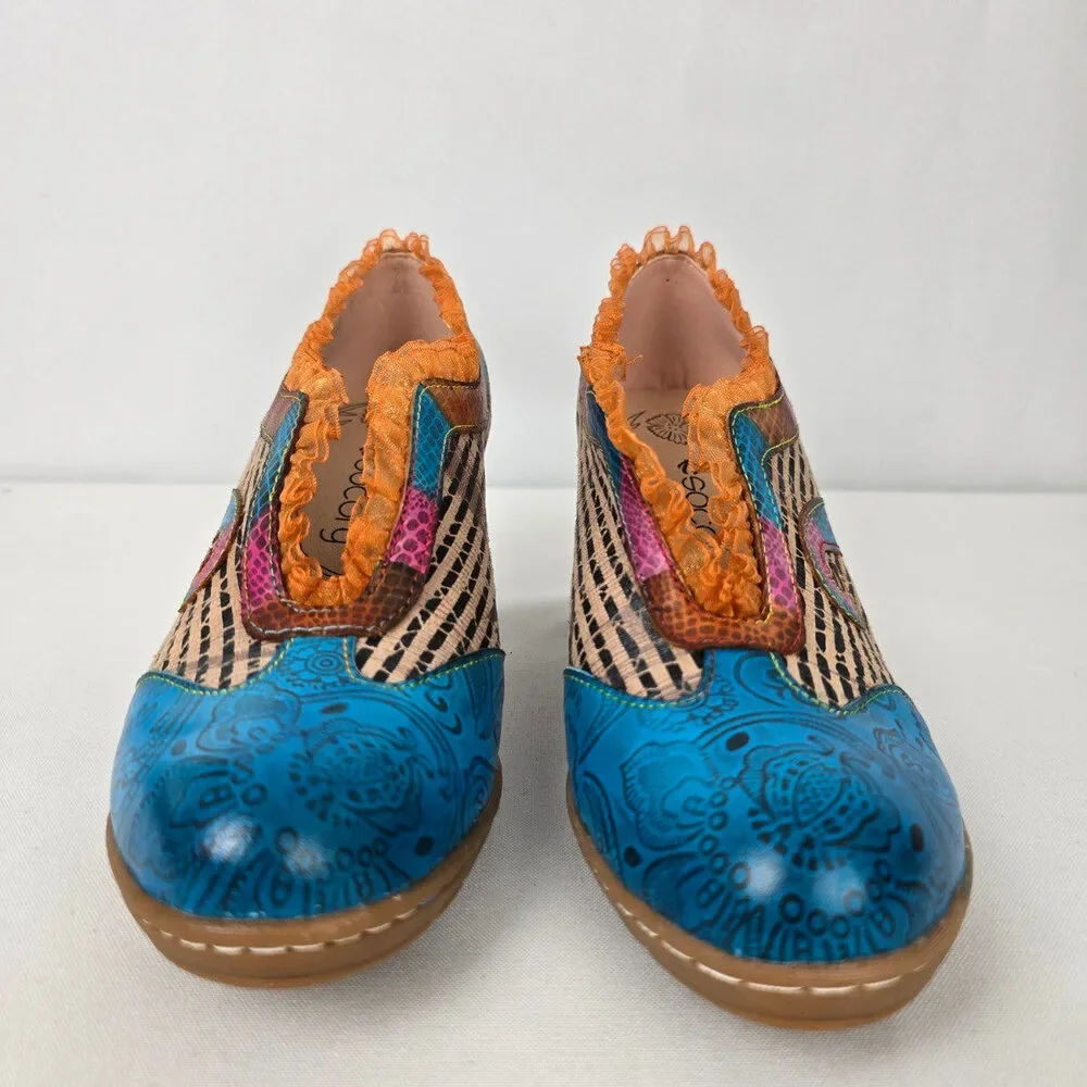 Socofy Blue & Orange Leather Ruffle Booties Size 6.5 - Picture 4 of 9